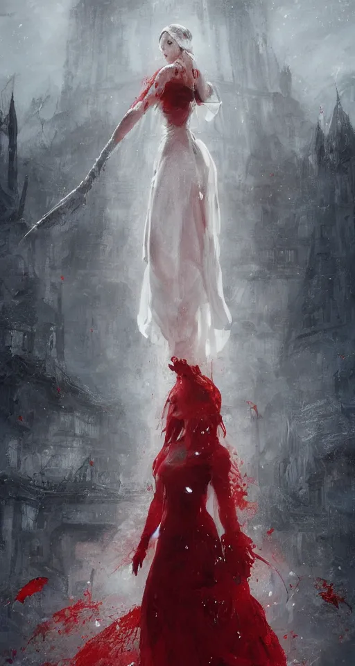 Image similar to A beuatiful portrait of a women in white and red dress by Greg Rutkowski, Sung Choi, Mitchell Mohrhauser, Maciej Kuciara, Johnson Ting, Maxim Verehin, Peter Konig, Bloodborne, full body, 8k photorealistic, cinematic lighting, HD, high details, dramatic, dark atmosphere, trending on artstation