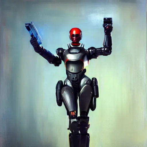 Image similar to greg manchess portrait painting of alex j. murphy aka robocop as overwatch character, 7 0 ies aesthetic, medium shot, asymmetrical, profile picture, organic painting, sunny day, matte painting, bold shapes, hard edges, street art, trending on artstation, by huang guangjian and gil elvgren and sachin teng