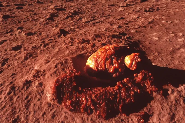 Image similar to a lonely meatball sandwich on mars, red lighting, sad,