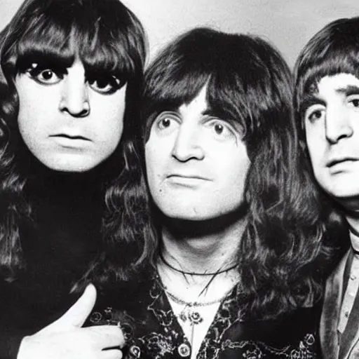 Prompt: Ozzy Osbourne in the Beatles, young Ozzy next to John Lennon and Ringo Star, 1967