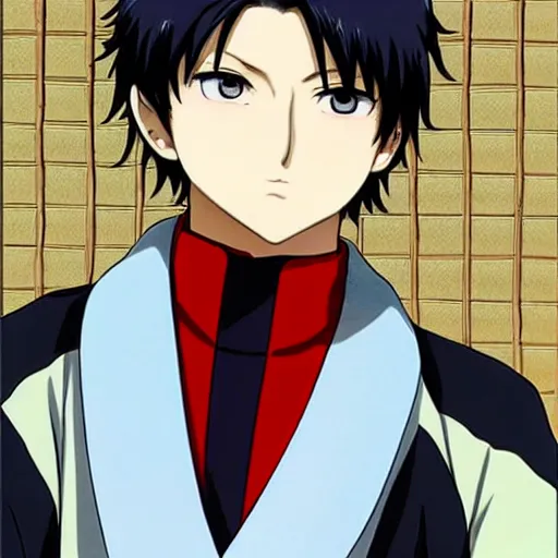 Prompt: a cold handsome young man，Black short hair like a hedgehog, blue eyes, Toushirou Hijikata of Gintama is wearing a kimono,Doujin,Popular on Pixiv