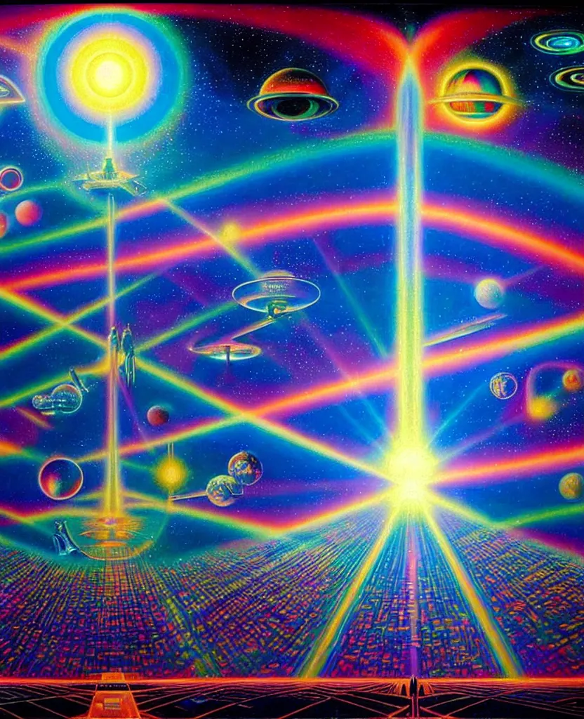 Image similar to a beautiful colorful iridescent holographic future for humanity, spiritual science, divinity, utopian, heaven on earth by david a. hardy, wpa, public works mural, socialist