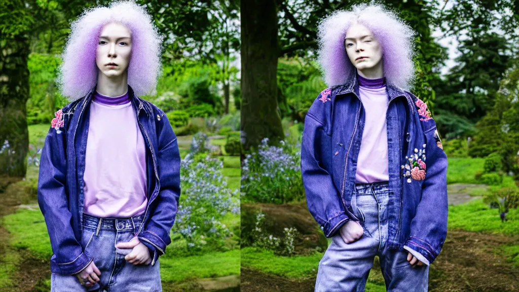Image similar to portrait of a androgynous woman with lilac frizzy hair, wearing an embroidered jeans jackets, a high collar t - shirt and baggy jeans, in the style of rogier van der weyden and jacopo da pontormo, standing in a botanical garden, bjork aesthetic, masterpiece, cyberpunk, asian art