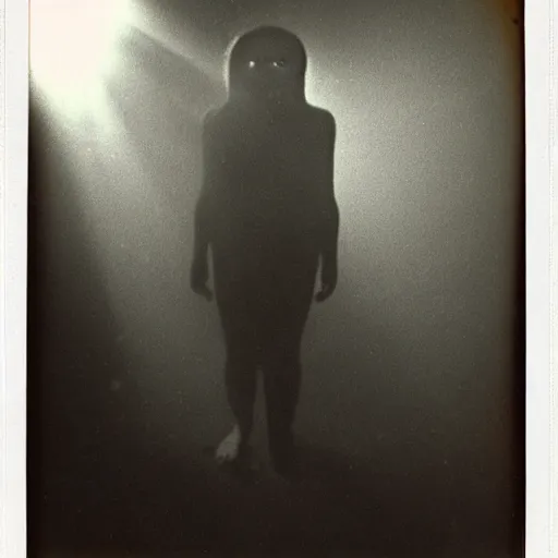 Prompt: wide angle, dark old polaroid of a ethereal humanoid creature, being illuminated by few sun rays, black and white