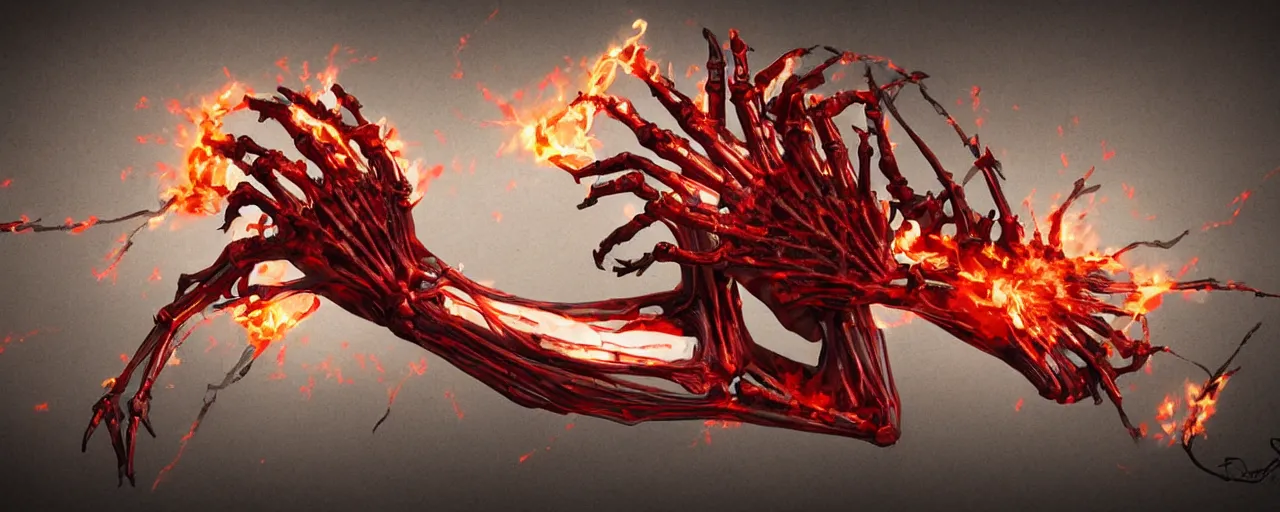 Prompt: atomic, flaming heart held by skeletal metal hands, anatomical, expressive, 3 d rendering, speedpainting