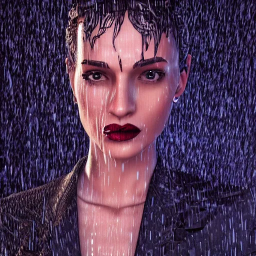 Image similar to stylish woman cartoon portrait made out of rain, pinstripe suit, top hat, cyberpunk background, rendered in octane, unreal engine, highly detailed, trending on artstation, realistic, neon, beautiful