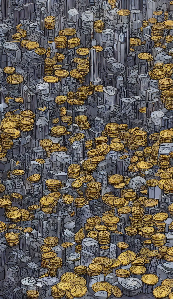 Image similar to cityscape with huge piles of crypto coins, concept art, award winning concept art, trending on artstation