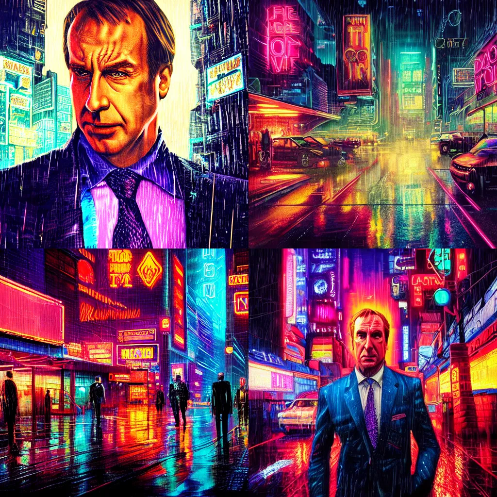 Prompt: Portrait of Saul Goodman, Bladerunner, tears in the rain, hyper-detailed, cyberpunk, dystopian city skyline at night, colorful neon signs, 4k ultra hd, trending on artstation, fantasy dark art