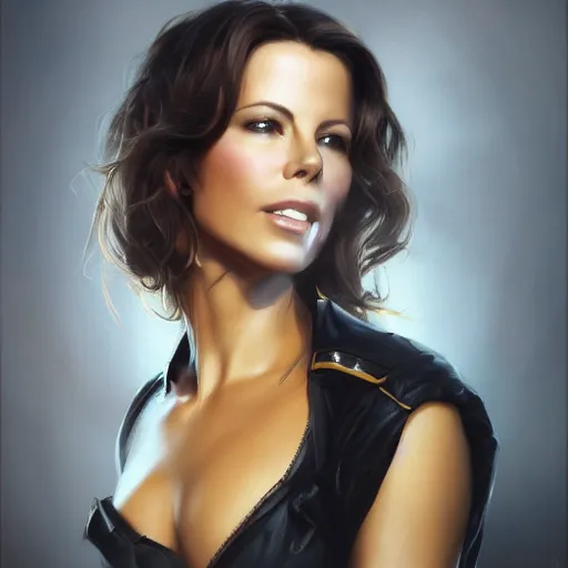 Image similar to closeup portrait of a kate beckinsale as a software engineer, seductive smile, soldier, army chiaroscuro, computer geek, golden hour, dramatic lighting, complementary contrast, high detail, painted by greg rutkowski, painted by igor kieryluk, trending on artstation