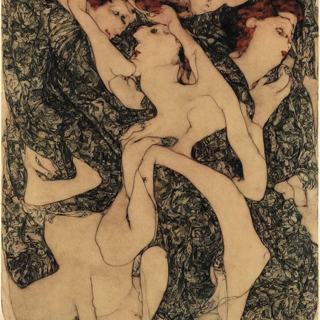Prompt: engraving by egon shiele