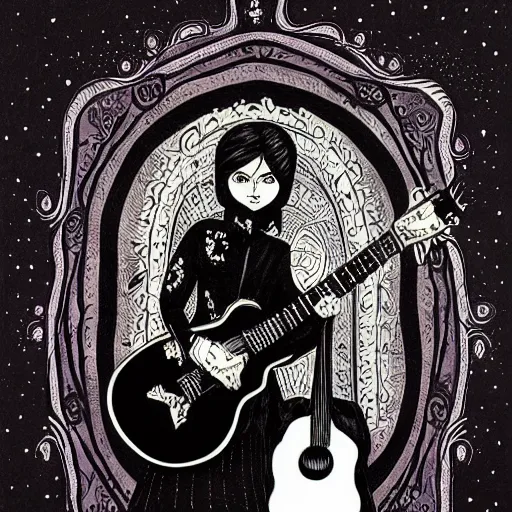 Image similar to black white purple painting on black paper, folkloric illustration , the guitar player , tarot by Andreas Rocha