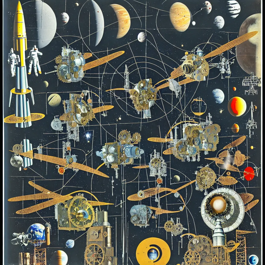 Prompt: 1950 magazine cut out collage of steam punk machinery for space exploration painted by max ernst, alfons maria much, 35 mm graflex,