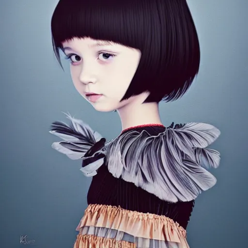 Image similar to little girl with an eccentric haircut wearing an dress made of feathers, artwork made by ilya kuvshinov