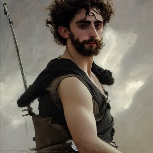 Image similar to detailed realistic cinematic wide shot of beautiful attractive muscular timothee chalamet black beard white hair military clothes slim face symettrical face clean skin black eyes black robe smooth, sharp focus, ultra realistic, spring light, painting by gaston bussiere, craig mullins, j. c. leyendecker