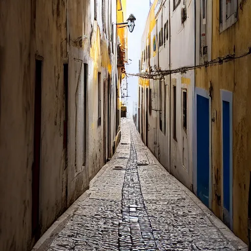 Prompt: the view down an alley, buildings in lisbon portugal, by girolamo da catignola