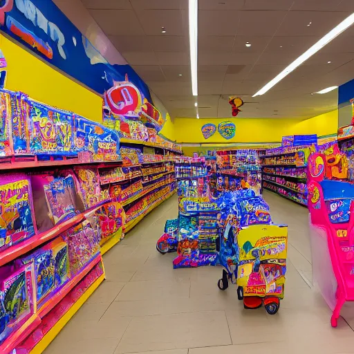 Prompt: a moshpit inside toys r us, wide lens shot, 3 0 mm, f 2. 8, photo realistic high quality hd 8 k flash photography