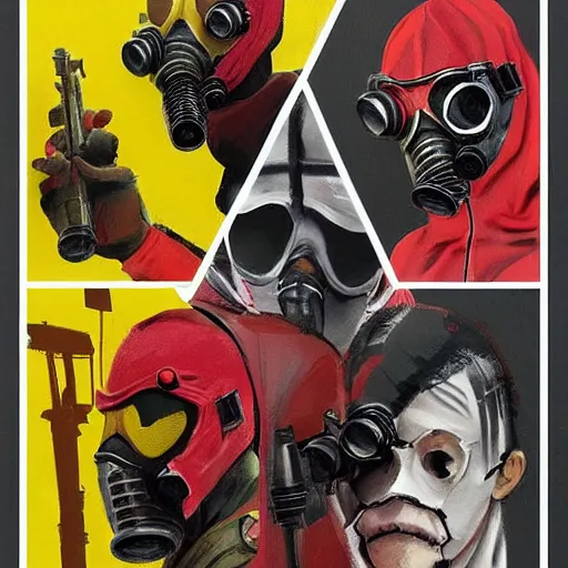 Image similar to detailed details concept art saints gang photo group, theyre using gas mask, other using saints mask, with red cross mark, theyre wear yellow and red hoodie, theyre leader regularly uses red in the style of bob peak and alex ross, gouache and wash paints color, detailed details facial and body and human and environments and proportionate, detailed 5 k details.