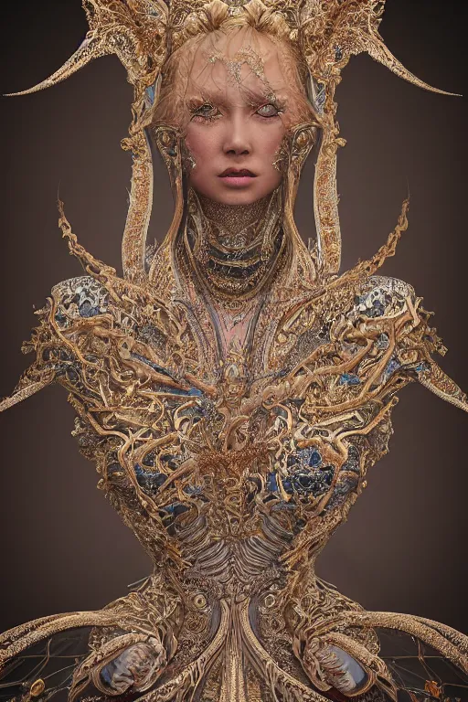 Prompt: hyper-realistic ultra-detailed maximalist and dramatic elegant luxury beautiful young empress portrait by igor goryunov and patricio clarey inspired by andrei riabovitchev and heidi taillefer Rendered by binx.ly 8k. Generative art. Fantastic realism. Scifi feel. Extremely Ornated. Intricate and omnious. Tools used: Blender Cinema4d Houdini3d zbrush. Unreal engine 5 Cinematic. Beautifully lit. No background. artstation. Deviantart. CGsociety.