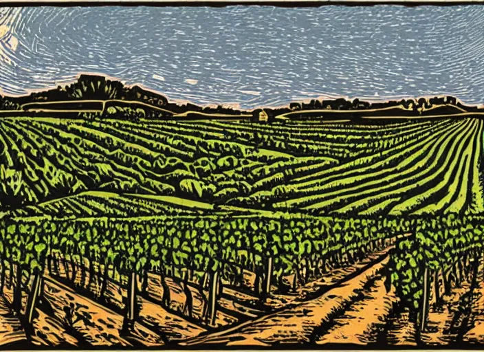 Image similar to wine label, linocut vineyard landscape by greg rutkowski, fine details, highly detailed