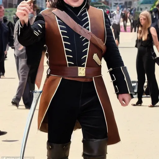 Prompt: full body photo of elon musk cosplaying a musketeer, he has a big black hat and holds a shiny sword