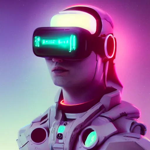 Prompt: cyberpunk concept cool cyborg bot, cinema 4 d, galaxy, ufo, space sci - fi, wearing vr goggles, illustration, portrait, pastel neon textured background night, trending on artstation, greg rutkowski, octane rendered, 1 2 k, detailed,