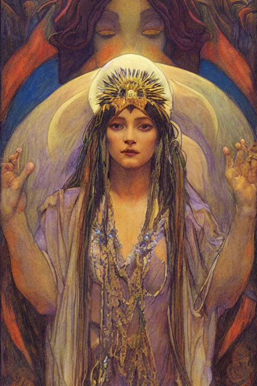 Prompt: goddess of the moonlit mountains with her regalia, by Annie Swynnerton and Nicholas Roerich and jean delville, dramatic cinematic lighting , ornate headdress , flowing robes, lost civilizations, extremely detailed