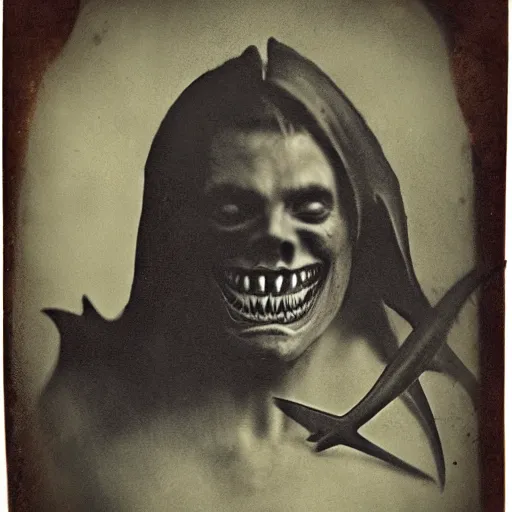 Image similar to demon human with shark jaws, with an evil grin. portrait, tintype, realistic. scary.