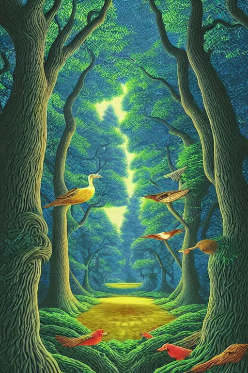 Prompt: beautiful forest with twisting fantasy tress and pond with birds, Digital Matte Illustration by rob Gonsalves