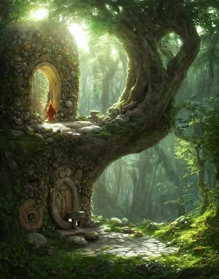 Image similar to Fantasy Magical fairy-tale stone portal in the forest. Round stone portal teleport in trees to other worlds. Fantastic landscape. Magic Altar in the fores, highly detailed, digital painting, artstation, concept art, smooth, sharp focus, illustration, art by artgerm and greg rutkowski and alphonse mucha