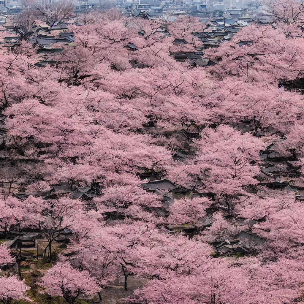 Image similar to old empty samurai city surrounded by sakura trees few