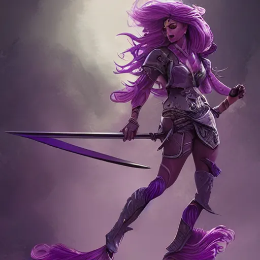 Image similar to beautiful female warrior with long purple hair and sword leaping through the air, highly detailed, trending on artstation, stylized, by WLOP