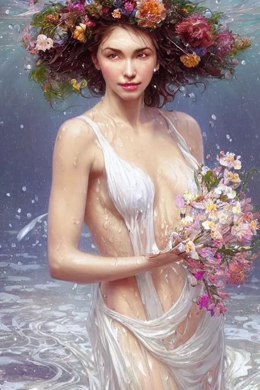 Image similar to portrait of a beautiful woman wearing a white dress, holding a bouquet of flowing flowers, drenched body, wet dripping hair, emerging from the water, fantasy, regal, fractal crystal, fractal gems, by stanley artgerm lau, greg rutkowski, thomas kindkade, alphonse mucha, loish, norman rockwell