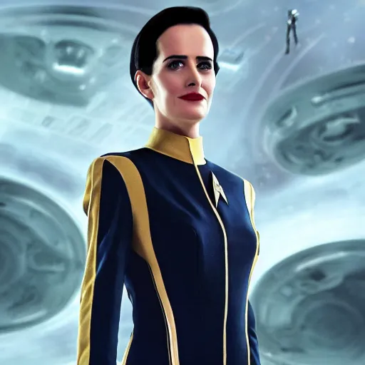 Image similar to a full body portrait of eva green as a vulcan star fleet officer from star trek next generation dressed in full uniform, ultra rendered extreme realism and detail, 8 k, highly detailed, realistic, completely framed, hyper realistic, colorful, direct lighting, 3 5 mm photo, photorealistic, sharp focus