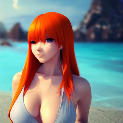 Image similar to render as a very beautiful 3d anime girl, short orange red hair, hazel eyes, full round face, short smile, cute bikini, serene beach setting, cinematic lightning, medium shot, mid-shot, highly detailed, trending on Artstation, Unreal Engine 4k, cinematic wallpaper