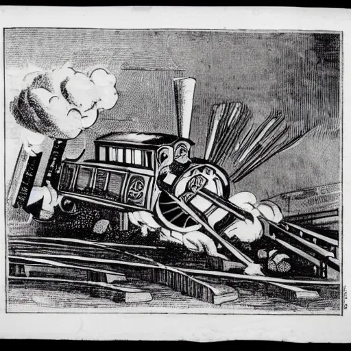 Prompt: 1 7 0 0 s newspaper etching of thomas the tank engine crashing into grand central station