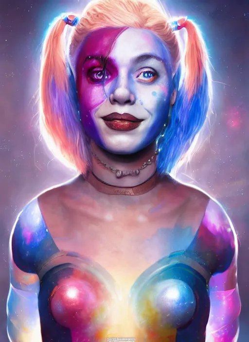 Prompt: cosmic portrait of harley quinn as a celestial being, hyper detailed, digital art, cinematic lighting, studio quality, smooth render, unreal engine 5, octane rendered, art style by klimt and nixeu and ian sprigger and wlop and krenz cushart.