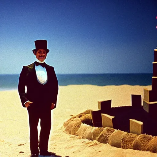 Prompt: the godfather wears a top hat and smiles. 5 0 mm, cinematic, technicolor. sea and beach and a sandcastle in the background. dark night sky
