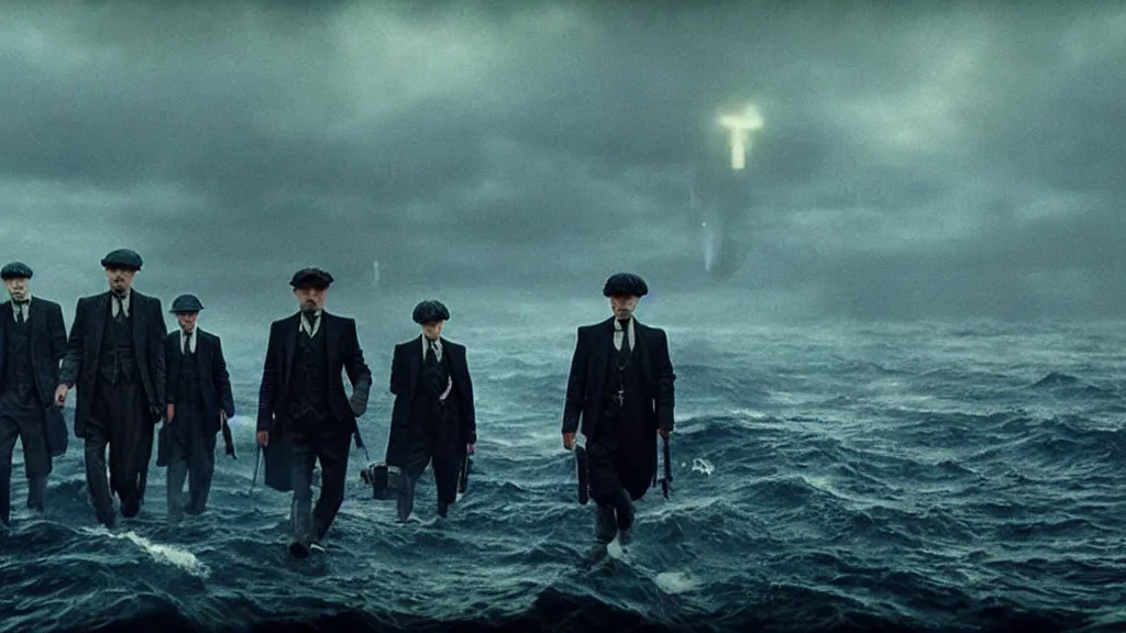 Image similar to photo of the Peaky Blinders coming out of the ocean, extreme detailed face, spaceship far on the background, film still from the movie directed by Denis Villeneuve with art direction by Zdzisław Beksiński, wide lens