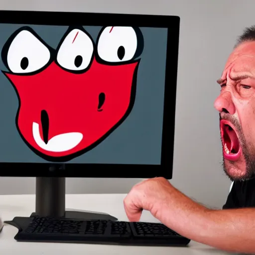 Image similar to an angry man yells at his computer monitor, in the style of the scream