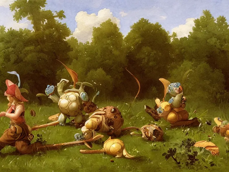 Prompt: an watercolour painting of Squirtles in a green meadow by carl spitzweg and tuomas korpi. baroque elements, full-length view. baroque element. intricate artwork by caravaggio. Trending on artstation. 8k