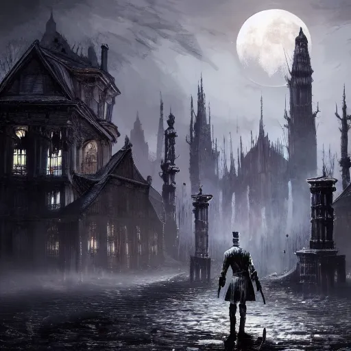 Prompt: bloodborne concept art, 4 k, painterly, large moon