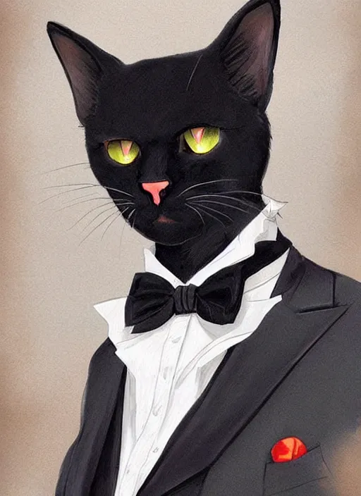 Prompt: portrait of a serious and intelligent black cat scholar!! in a retro! suit, digital art by artgerm and greg rutkowski