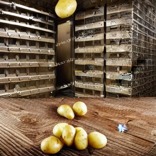 Image similar to an open bank vault with potato's pouring out of it