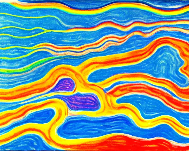 Image similar to Ocean waves in a psychedelic dream world. DMT. Curving rivers. Craggy mountains. Landscape painting by Edvard Munch. David Hockney. Wayne Thiebaud.