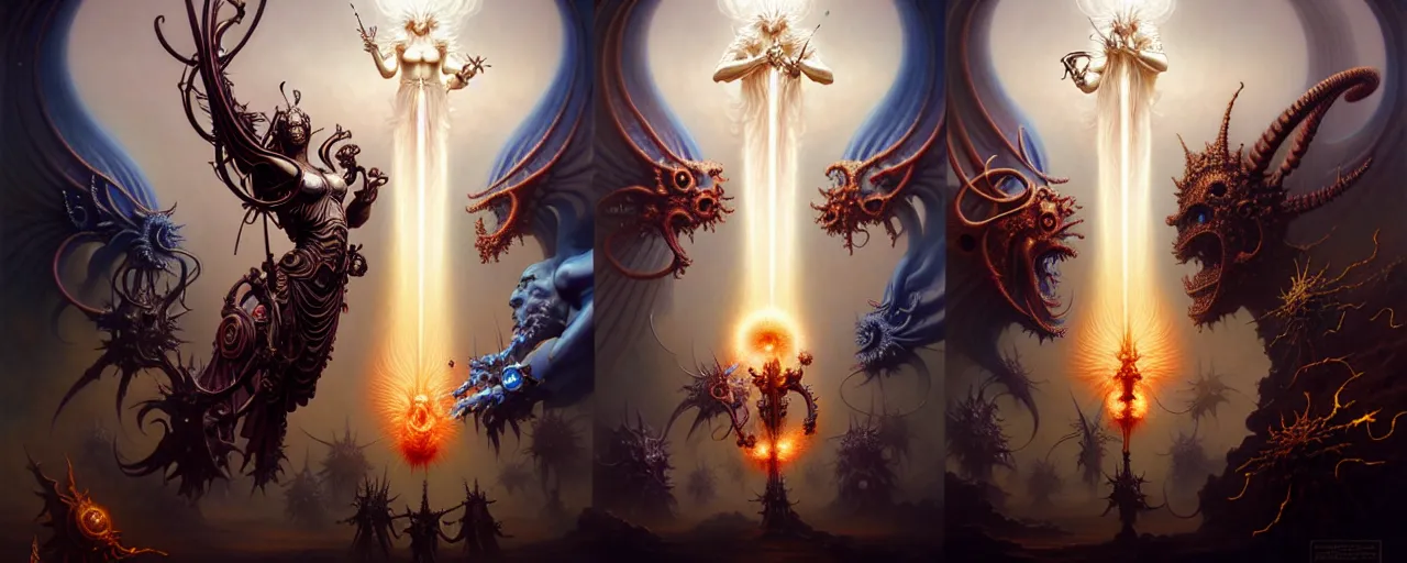 Image similar to the armies of heaven and hell, fantasy character portrait made of fractals facing each other, ultra realistic, wide angle, intricate details, the fifth element artifacts, highly detailed by peter mohrbacher, hajime sorayama, wayne barlowe, boris vallejo, aaron horkey, gaston bussiere, craig mullins