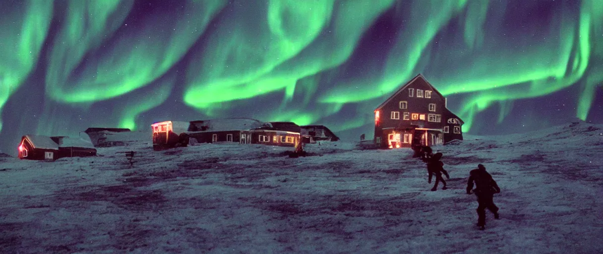 Prompt: filmic extreme wide shot movie still 4 k uhd exterior shot 3 5 mm film color photograph of a people running in terror around a village in the antarctic at night with the northern lights lighting up the sky and the buildings, in the style of the horror film the thing 1 9 8 2