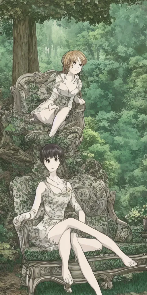 Image similar to landscape shot of a highly detailed queen sitting by herself on a sofa in a forest, drawn by CloverWorks, elegant, beauty, fine linework