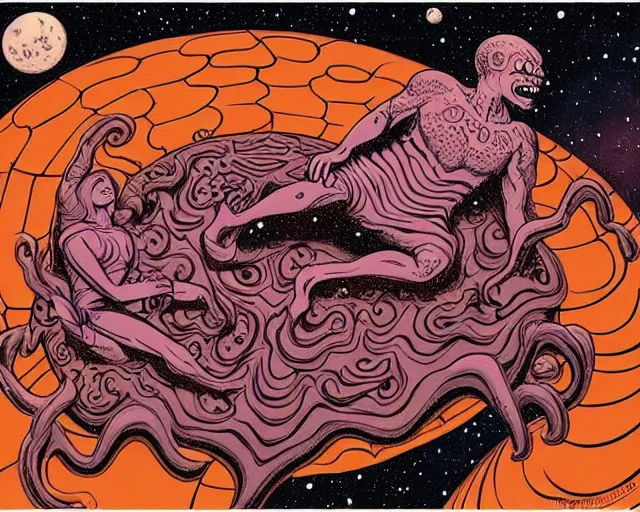 Prompt: the cast of izombie floating in a spiral galaxy, cosmic horror painting, elegant intricate digital painting artstation concept art by basil wolverton by robert crumb by william eggleston detailed