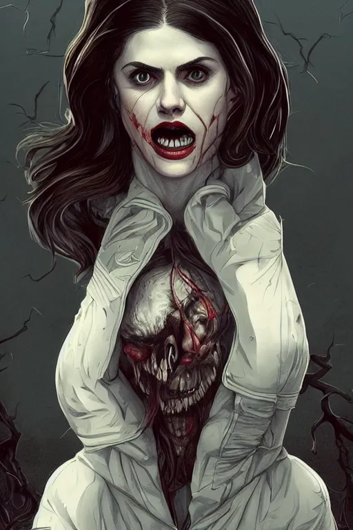 Image similar to alexandra daddario in sleepy hollow, full body, big two toned eyes, teeth gritted, horror, intricate details, cinematic, epic, realistic, anatomy, tomer hanuka, uplight, artstation, photorealistic, scary