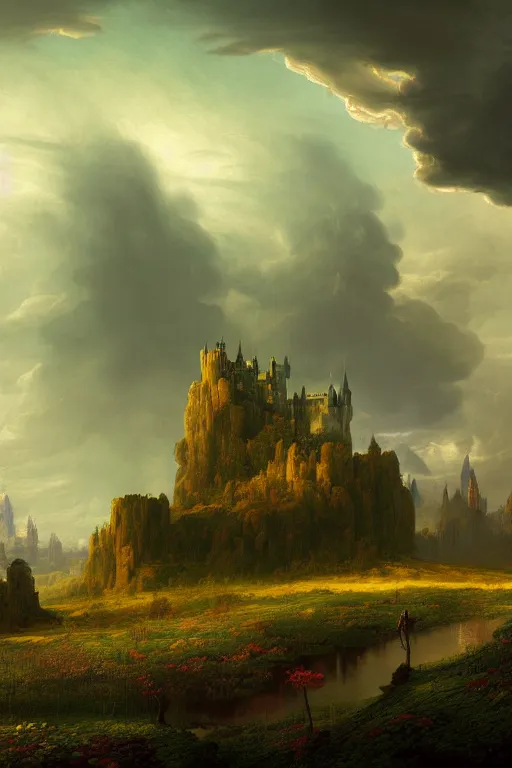 Image similar to a beautiful digital illustration painting of a detailed gothic fantasy endless plains with castle in the distance and thunder storm, by benoit b. mandelbrot, steven belledin, martin johnson heade, lee madgwick, caspar david friedrich, and david rios ferreira. 8 k resolution trending on artstation concept art digital illustration